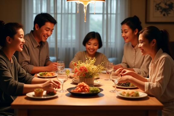 A family celebrating around a beautifully set dining table at home.